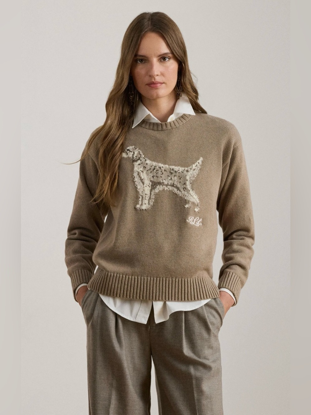Polo by Ralph Lauren Taupe Dog Intarsia Crewneck Sweater